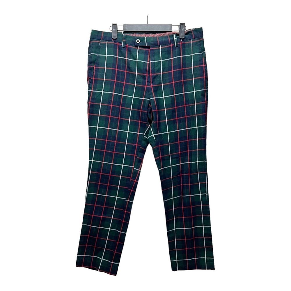 Paisley & Gray Slim Fit Pants Green Red Plaid Hi-Rise Holiday Size 32 Plus